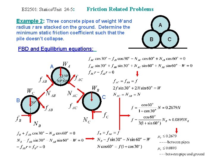 ES 2501: Statics/Unit 24 -5: Friction Related Problems Example 2: Three concrete pipes of