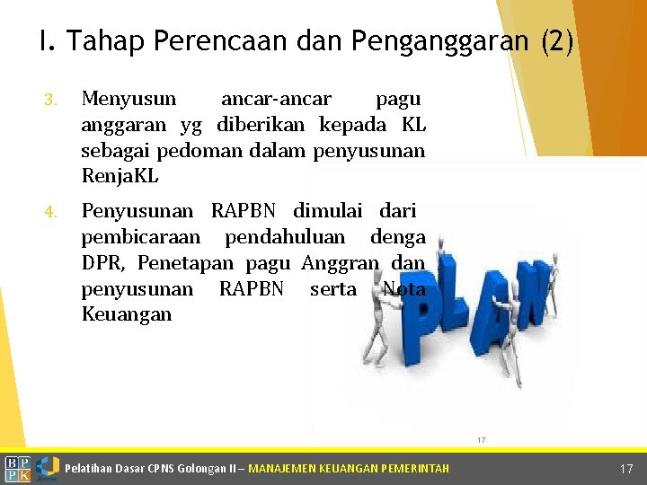 I. Tahap Perencaan dan Penganggaran (2) 3. Menyusun ancar-ancar pagu anggaran yg diberikan kepada