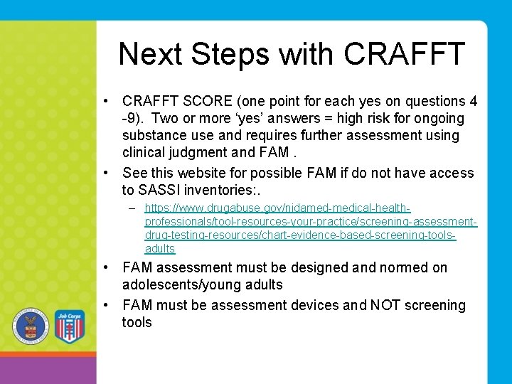 Next Steps with CRAFFT • CRAFFT SCORE (one point for each yes on questions