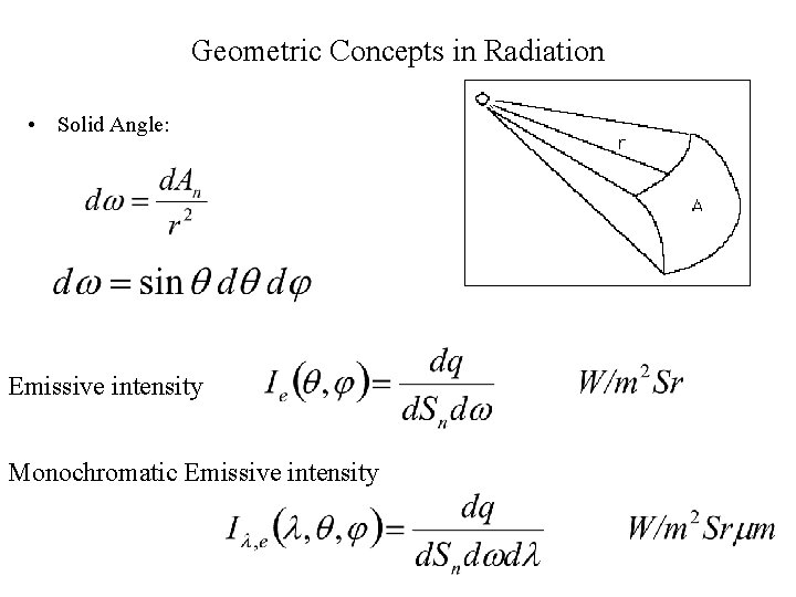 Geometric Concepts in Radiation • Solid Angle: Emissive intensity Monochromatic Emissive intensity 