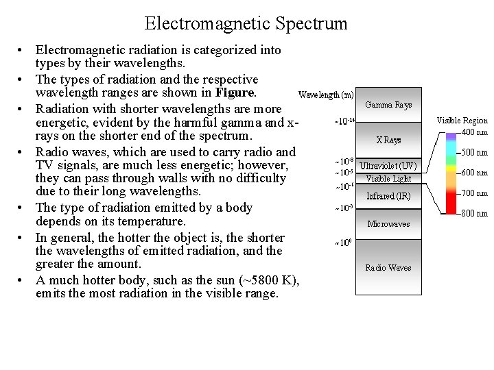 Electromagnetic Spectrum • Electromagnetic radiation is categorized into types by their wavelengths. • The