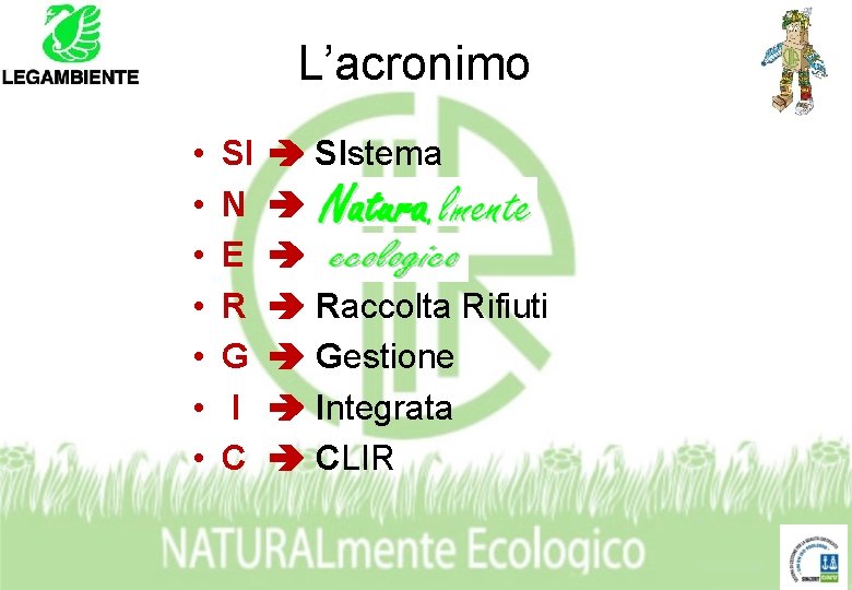 L’acronimo • • SI N E R G I C SIstema Raccolta Rifiuti Gestione