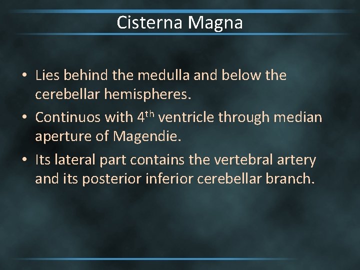 Cisterna Magna • Lies behind the medulla and below the cerebellar hemispheres. • Continuos