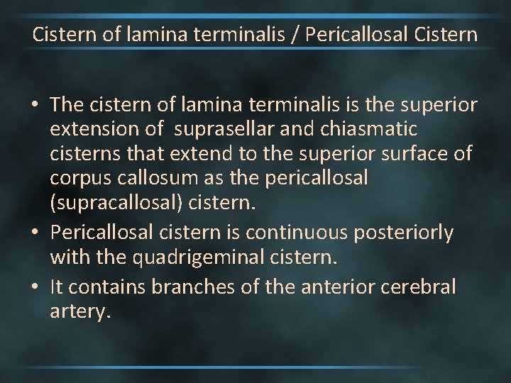 Cistern of lamina terminalis / Pericallosal Cistern • The cistern of lamina terminalis is
