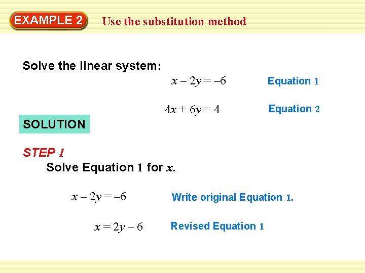 EXAMPLE 2 Use the substitution method Solve the linear system: x – 2 y EXAMPLE 2 Use the substitution method Solve the linear system: x – 2 y
