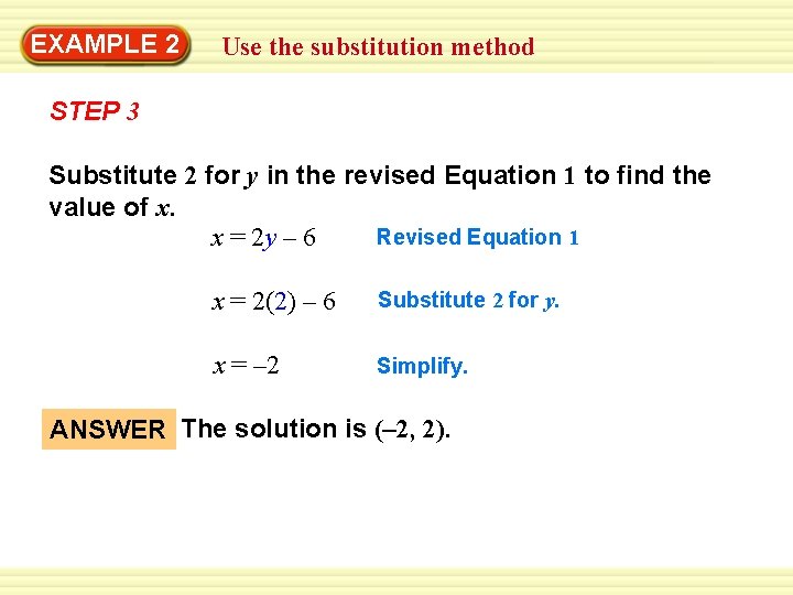 EXAMPLE 2 Use the substitution method STEP 3 Substitute 2 for y in the