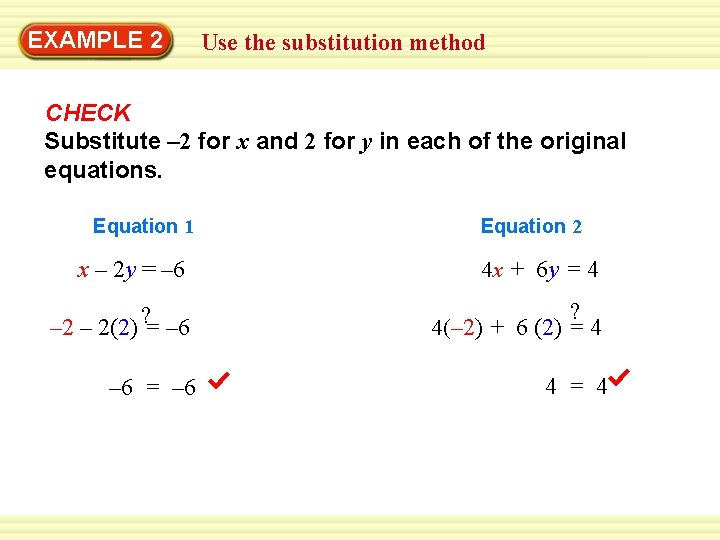 EXAMPLE 2 Use the substitution method GUIDED PRACTICE CHECK Substitute – 2 for x