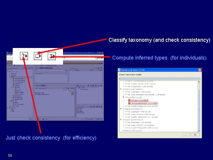 Classifying Classify taxonomy (and check consistency) Compute inferred types (for individuals) Just check consistency