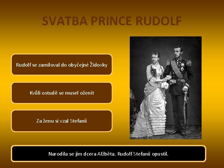 SVATBA PRINCE RUDOLF Rudolf se zamiloval do obyčejné Židovky Kvůli ostudě se musel oženit