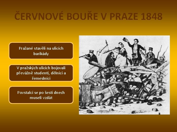 ČERVNOVÉ BOUŘE V PRAZE 1848 Pražané stavěli na ulicích barikády V pražských ulicích bojovali