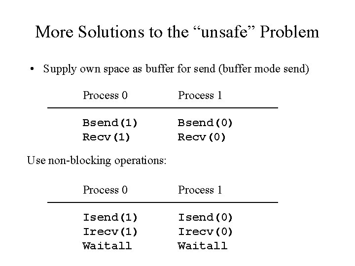 More Solutions to the “unsafe” Problem • Supply own space as buffer for send