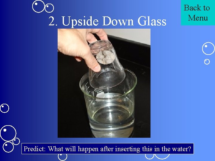 2. Upside Down Glass Back to Menu Predict: What will happen after inserting this