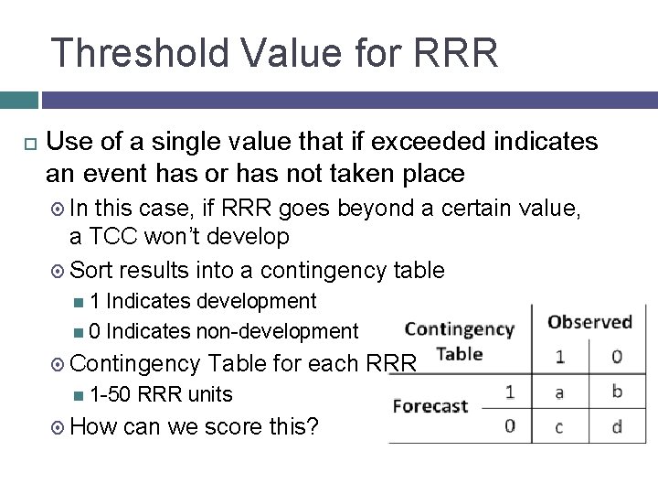 Threshold Value for RRR Use of a single value that if exceeded indicates an