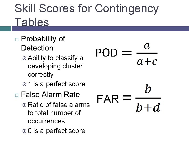 Skill Scores for Contingency Tables Probability of Detection Ability to classify a POD developing