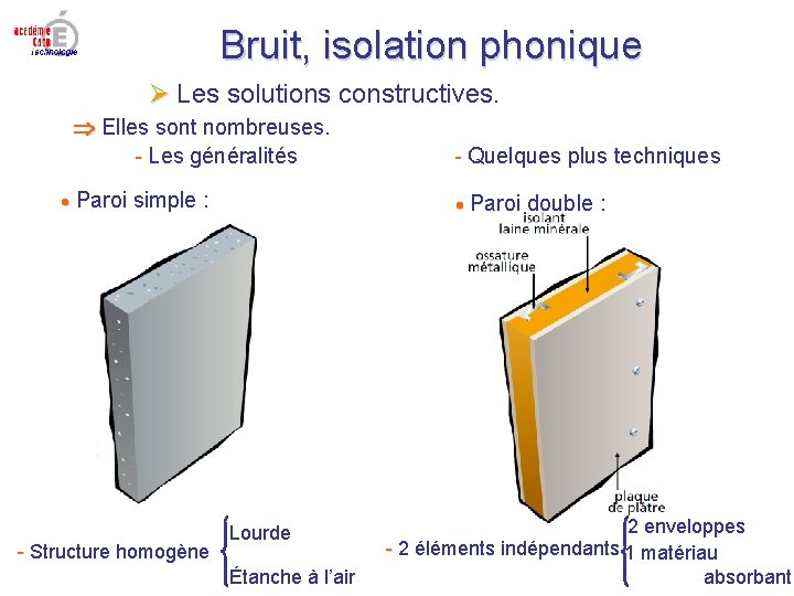 Bruit, isolation phonique Les solutions constructives. Elles sont nombreuses. - Les généralités Paroi simple