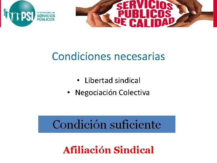 Condiciones necesarias • Libertad sindical • Negociación Colectiva Condición suficiente Afiliación Sindical 