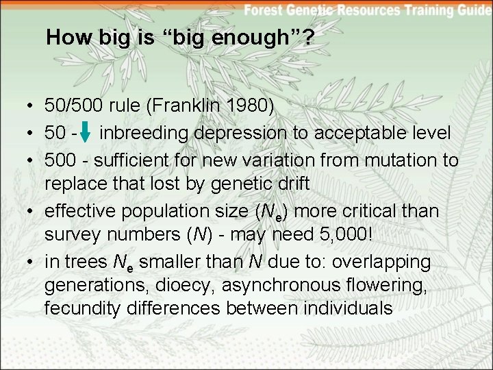How big is “big enough”? • 50/500 rule (Franklin 1980) • 50 - inbreeding