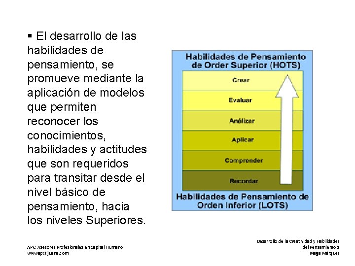 § El desarrollo de las habilidades de pensamiento, se promueve mediante la aplicación de