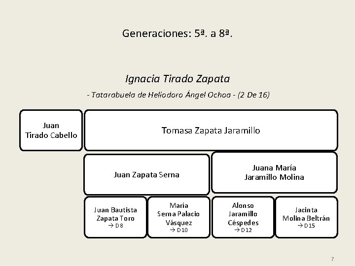 Generaciones: 5ª. a 8ª. Ignacia Tirado Zapata - Tatarabuela de Heliodoro Ángel Ochoa -