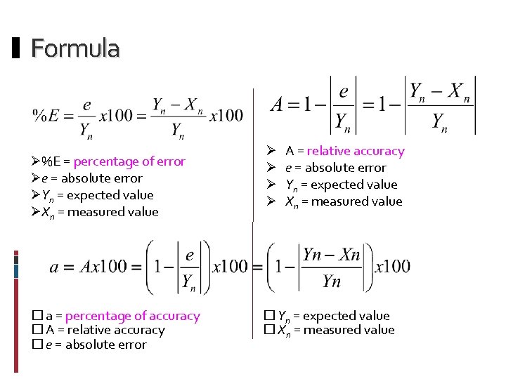 Formula Ø%E = percentage of error Øe = absolute error ØYn = expected value