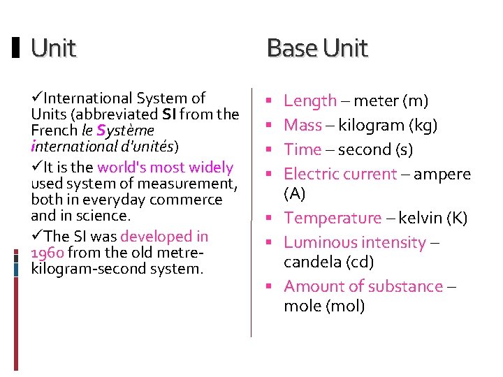 Unit Base Unit üInternational System of Units (abbreviated SI from the French le Système