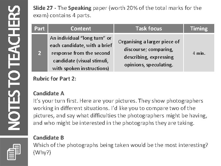 Slide 27 - The Speaking paper (worth 20% of the total marks for the