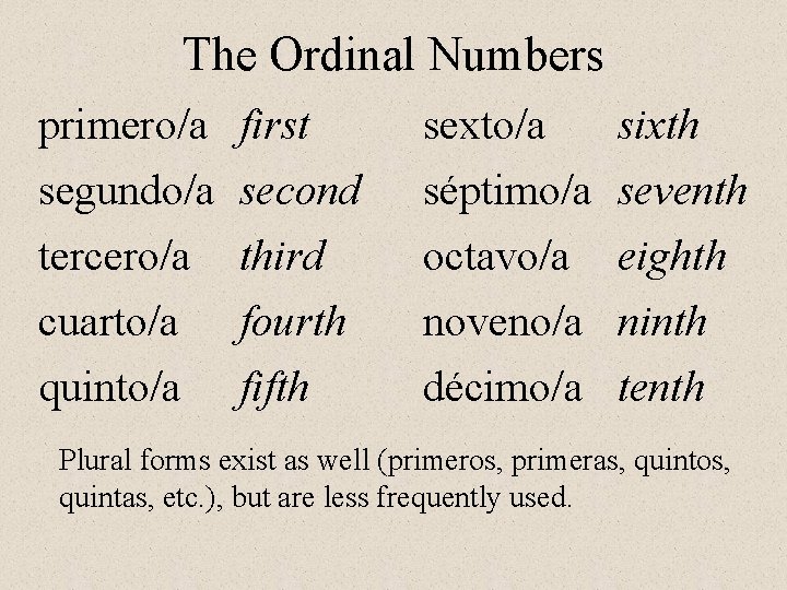 The Ordinal Numbers primero/a first sexto/a sixth segundo/a tercero/a cuarto/a quinto/a séptimo/a octavo/a noveno/a