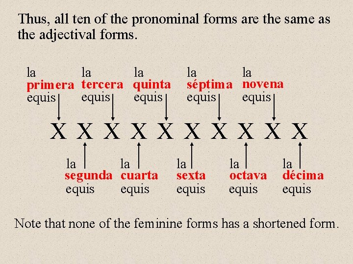 Thus, all ten of the pronominal forms are the same as the adjectival forms.