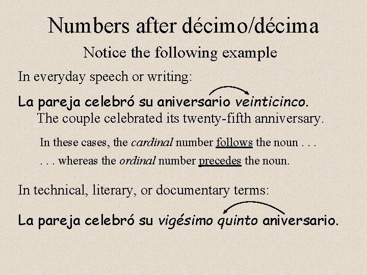 Numbers after décimo/décima Notice the following example In everyday speech or writing: La pareja