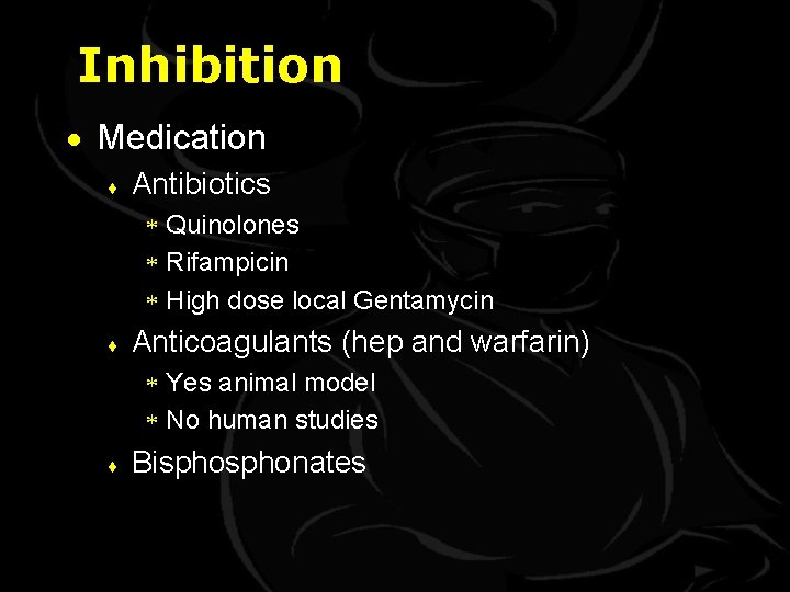 Inhibition · Medication ¨ Antibiotics * Quinolones * Rifampicin * High dose local Gentamycin