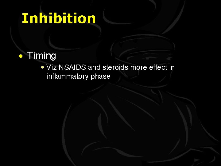 Inhibition · Timing * Viz NSAIDS and steroids more effect in inflammatory phase 