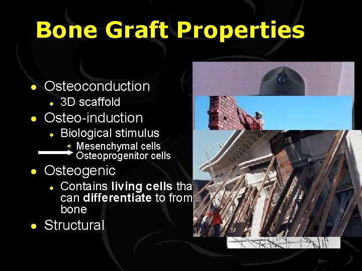 Bone Graft Properties · Osteoconduction ¨ 3 D scaffold · Osteo-induction ¨ Biological stimulus