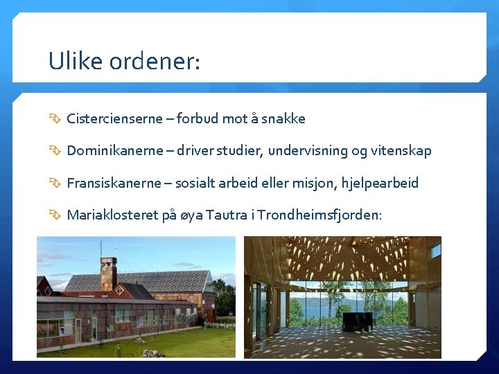 Ulike ordener: Cistercienserne – forbud mot å snakke Dominikanerne – driver studier, undervisning og