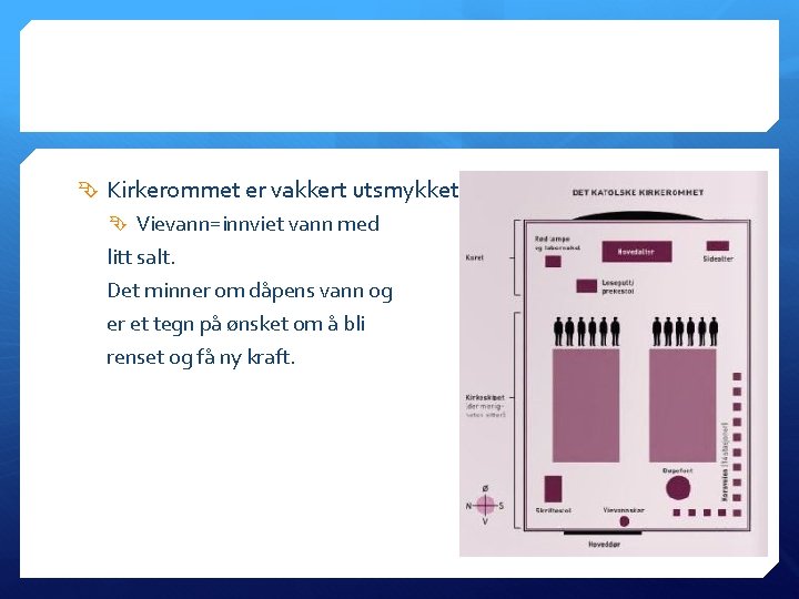  Kirkerommet er vakkert utsmykket Vievann=innviet vann med litt salt. Det minner om dåpens