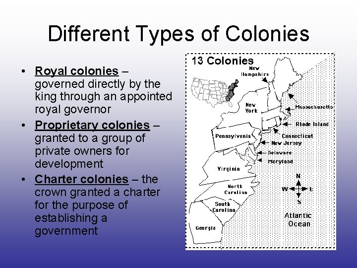 Different Types of Colonies • Royal colonies – governed directly by the king through