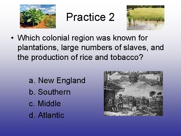 Practice 2 • Which colonial region was known for plantations, large numbers of slaves,