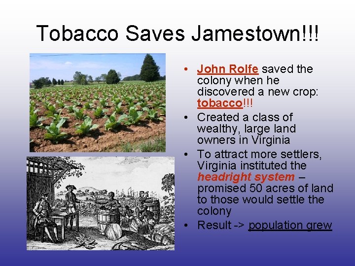 Tobacco Saves Jamestown!!! • John Rolfe saved the colony when he discovered a new