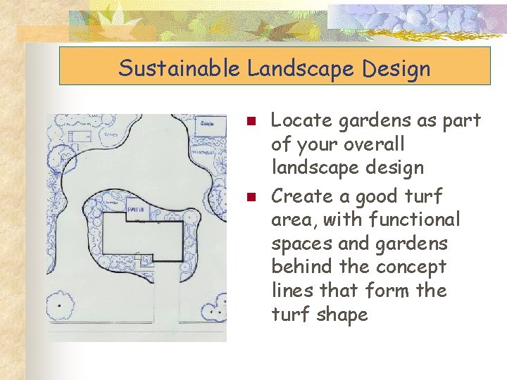 Sustainable Landscape Design n n Locate gardens as part of your overall landscape design