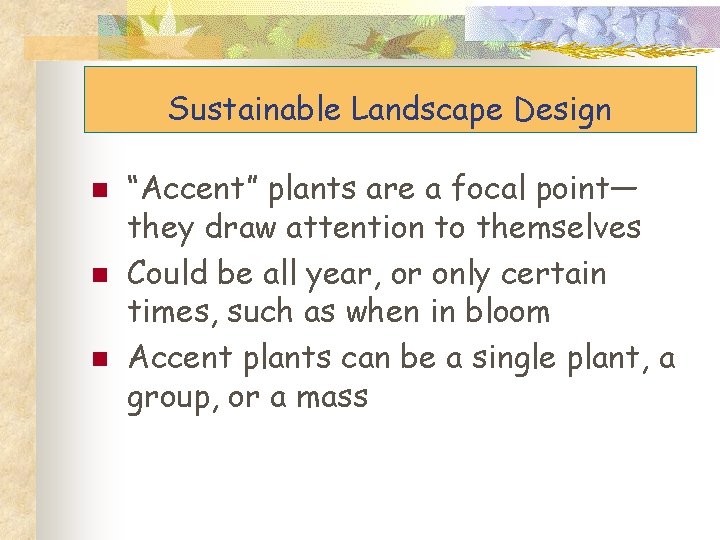 Sustainable Landscape Design n “Accent” plants are a focal point— they draw attention to