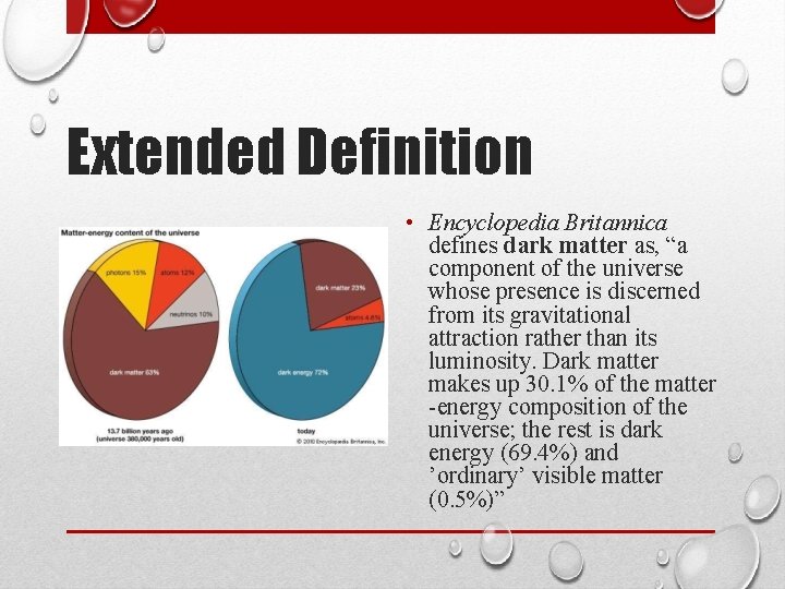 Extended Definition • Encyclopedia Britannica defines dark matter as, “a component of the universe