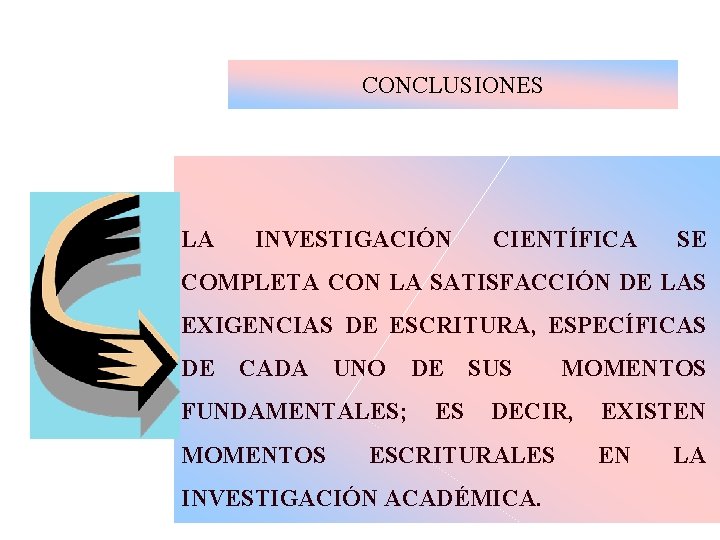 CONCLUSIONES LA INVESTIGACIÓN CIENTÍFICA SE COMPLETA CON LA SATISFACCIÓN DE LAS EXIGENCIAS DE ESCRITURA,