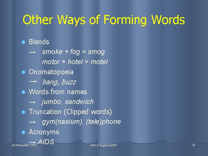 Other Ways of Forming Words Blends → smoke + fog = smog motor +