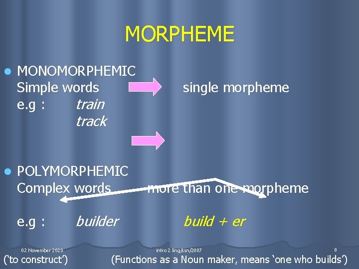MORPHEME l MONOMORPHEMIC Simple words e. g : train single morpheme track l POLYMORPHEMIC