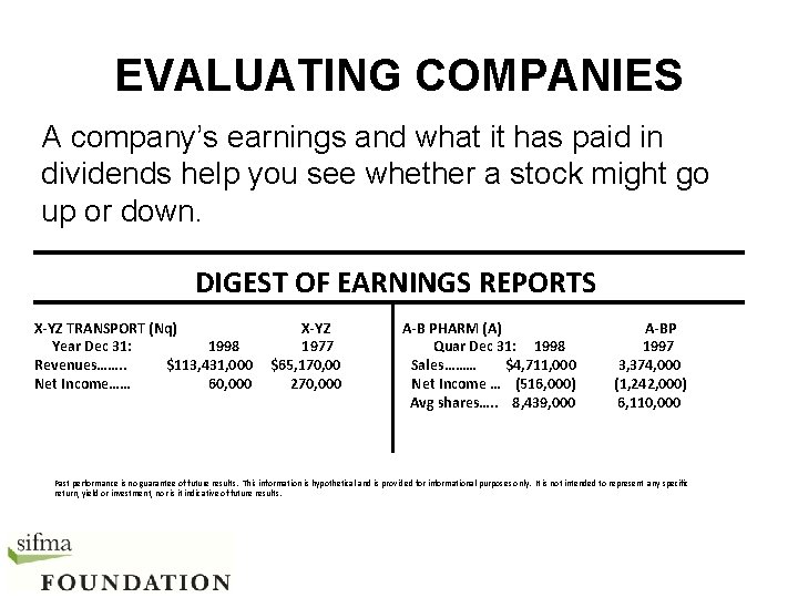 EVALUATING COMPANIES A company’s earnings and what it has paid in dividends help you