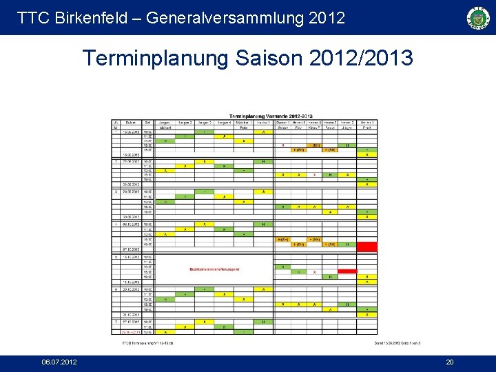 TTC Birkenfeld – Generalversammlung 2012 Terminplanung Saison 2012/2013 06. 07. 2012 20 