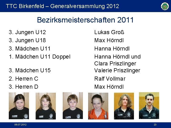 TTC Birkenfeld – Generalversammlung 2012 Bezirksmeisterschaften 2011 3. Jungen U 12 3. Jungen U