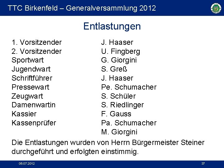 TTC Birkenfeld – Generalversammlung 2012 Entlastungen 1. Vorsitzender 2. Vorsitzender Sportwart Jugendwart Schriftführer Pressewart