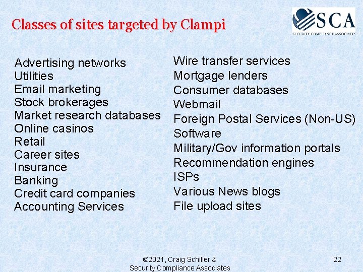 Classes of sites targeted by Clampi Advertising networks Utilities Email marketing Stock brokerages Market
