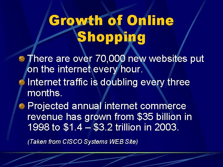 Growth of Online Shopping There are over 70, 000 new websites put on the