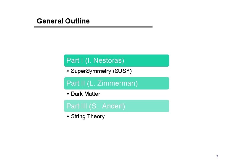 General Outline Part I (I. Nestoras) • Super. Symmetry (SUSY) Part II (L. Zimmerman)